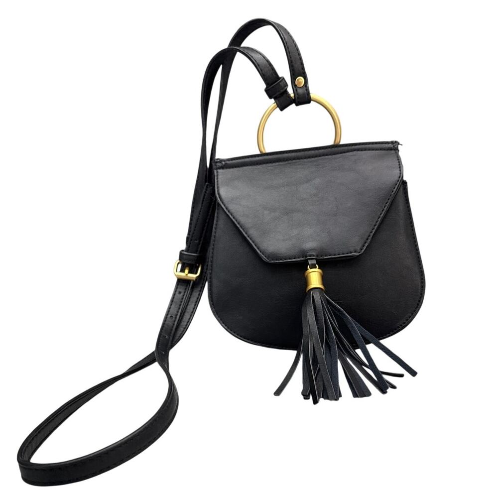 Big Buddha Black Leather Gold Rink Tassel Adjustable Strap Crossbody Bag Purse